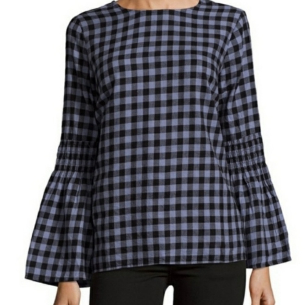 Beachlunchlounge blue black gray check cotton long sleeve top Small